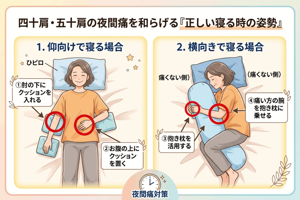 四十肩・五十肩の夜間痛を和らげる正しい寝る姿勢のイラスト