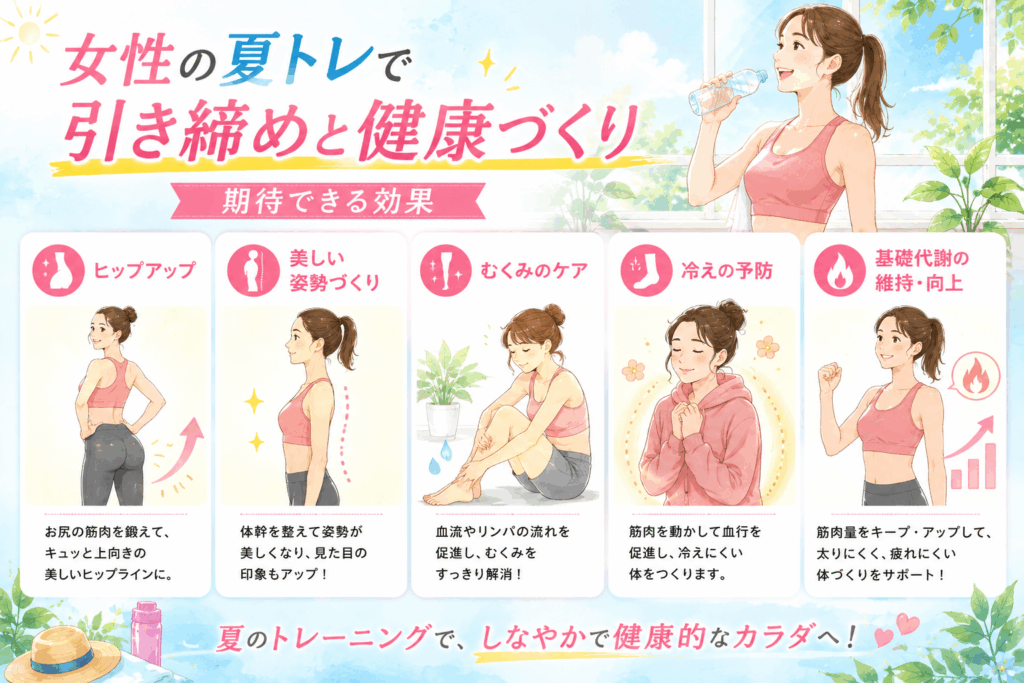 女性が夏トレで引き締めと健康づくりをすることで得られる効果のまとめ画像