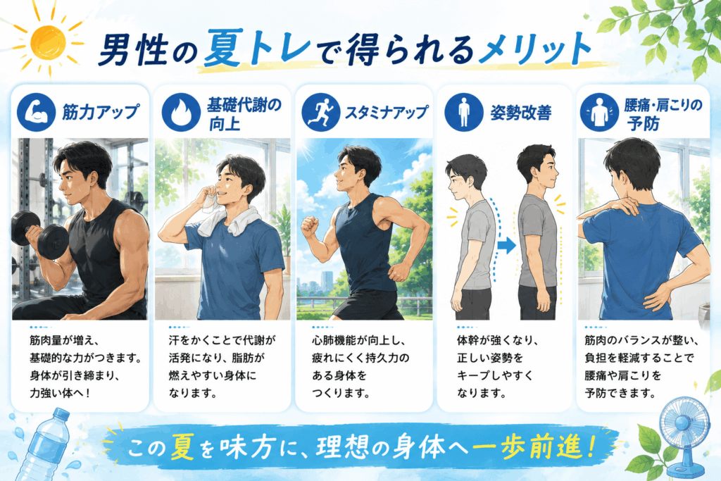 男性が夏トレで得られるメリットをまとめた画像